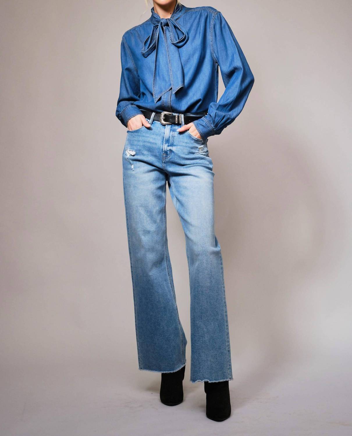 Blue B Tie Neck Hidden Button Chambray Blouse in blue - women's blouse