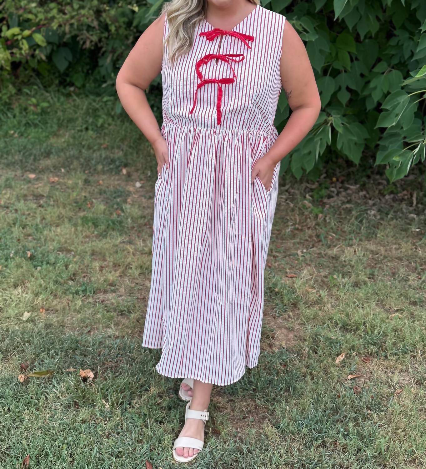 SHE + SKY Sweet Cherry Stripes Midi Dress in red - women's dress