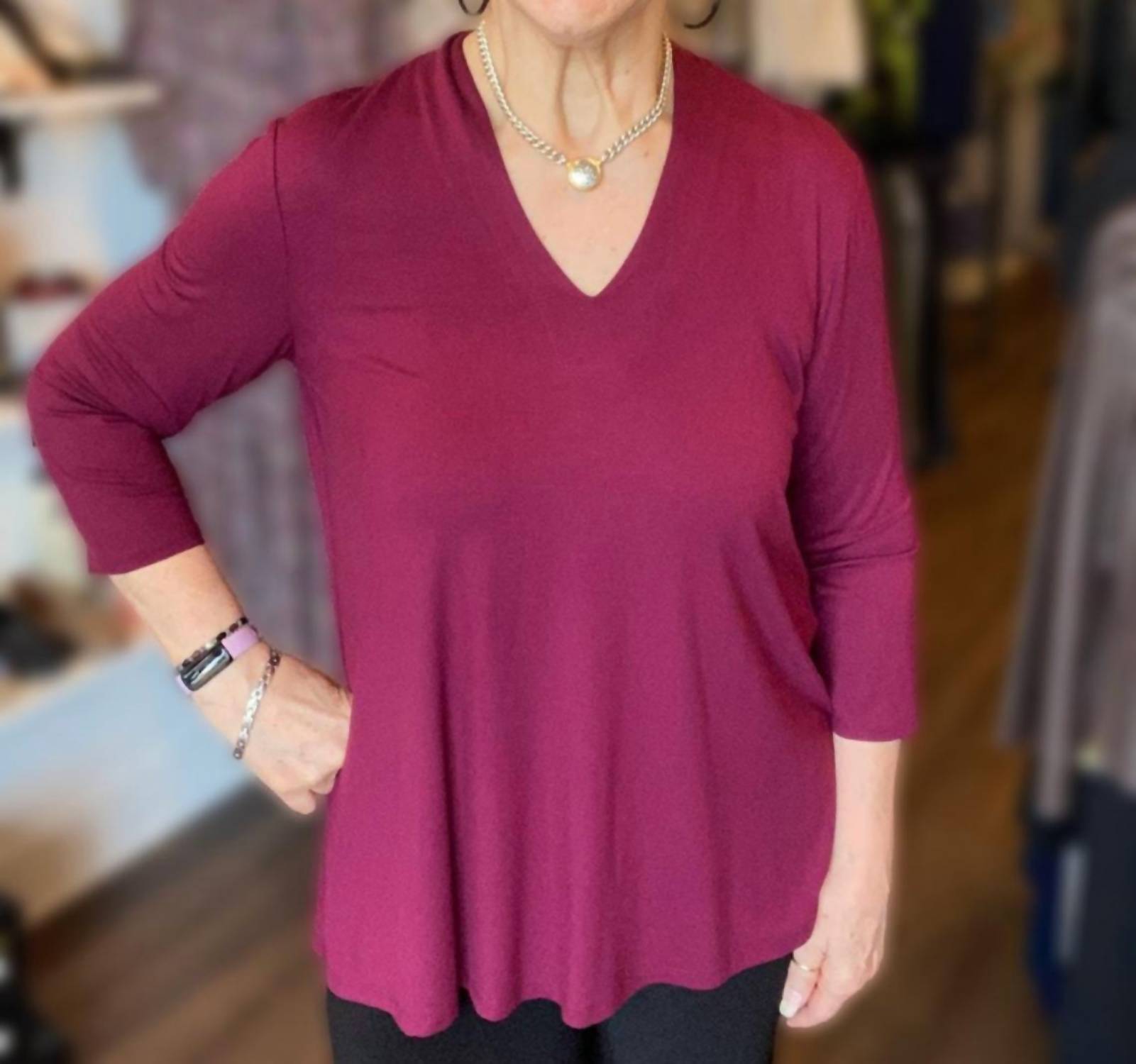 PURE essence Being Pretty V-neck Long Sleeve Top in rosewood - women's long sleeve top