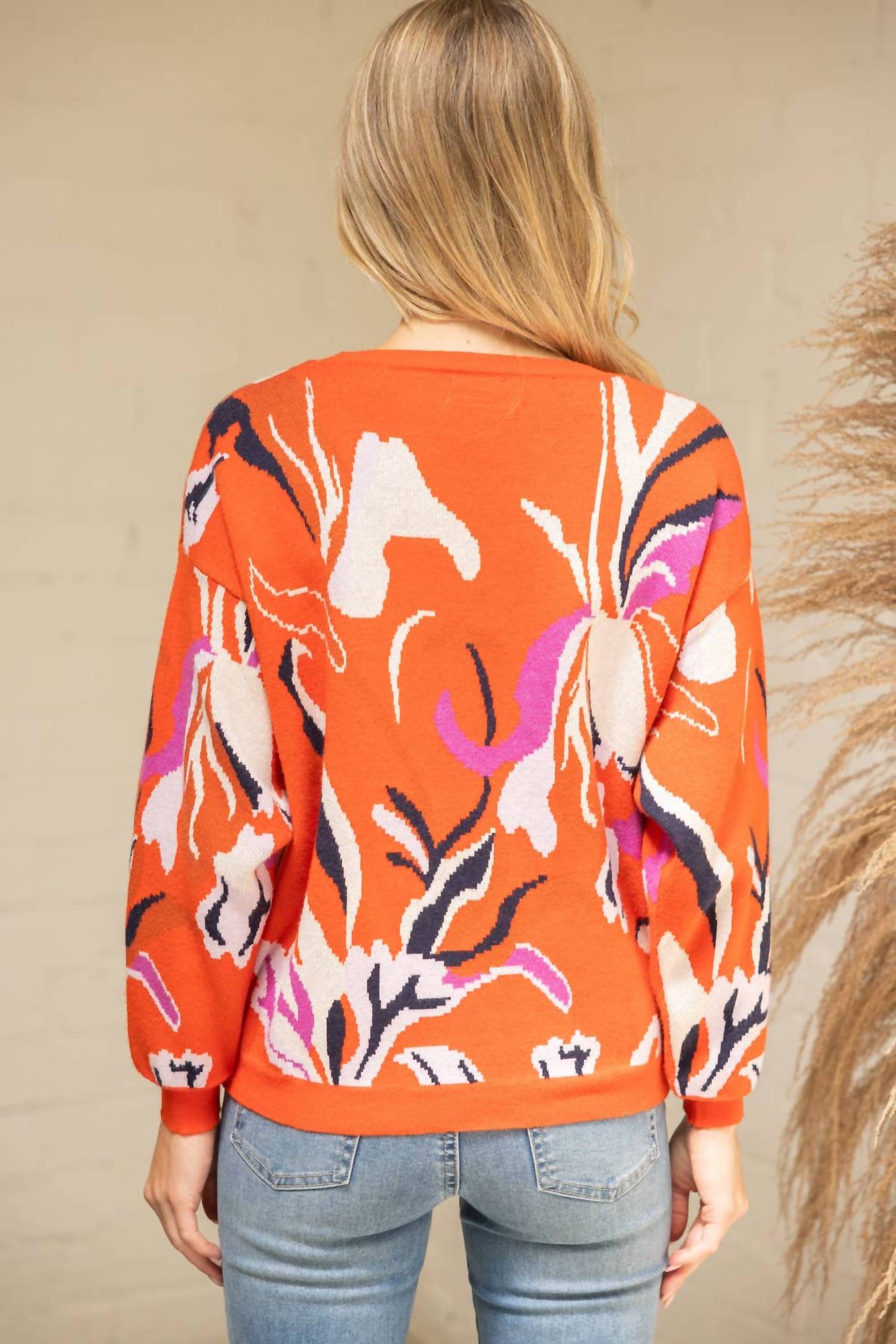 Voy - Long Sleeve Oversized Floral Sweater Top