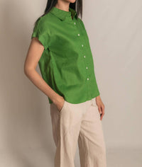 P.CILL Women's Linen Relaxed Short Sleeve Button Up Shirt in grass green - women's shirt - view 8