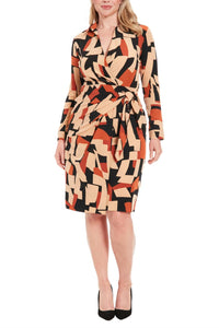 London Times - Long Sleeve Geo Print Wrap Dress