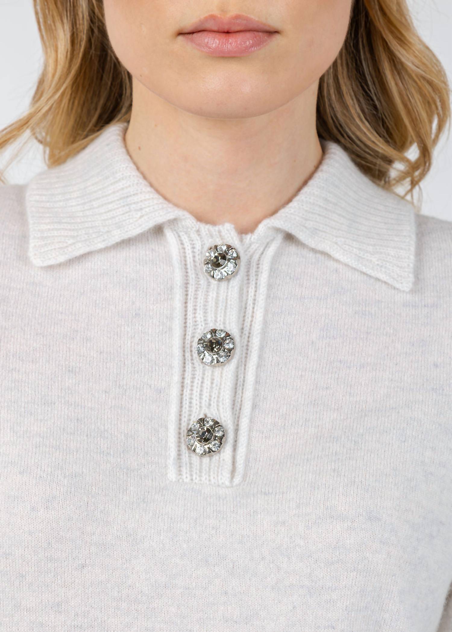 Kinross - Cashmere Crystal Button Elbow Sleeve Polo Top