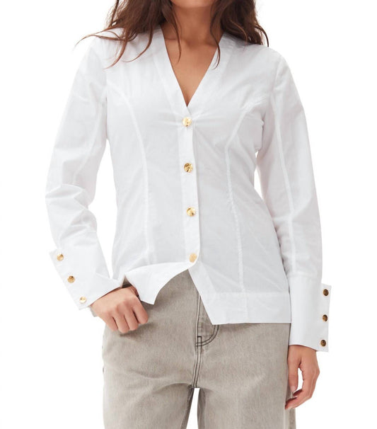 Ganni - Cotton Poplin V-Neck Shirt