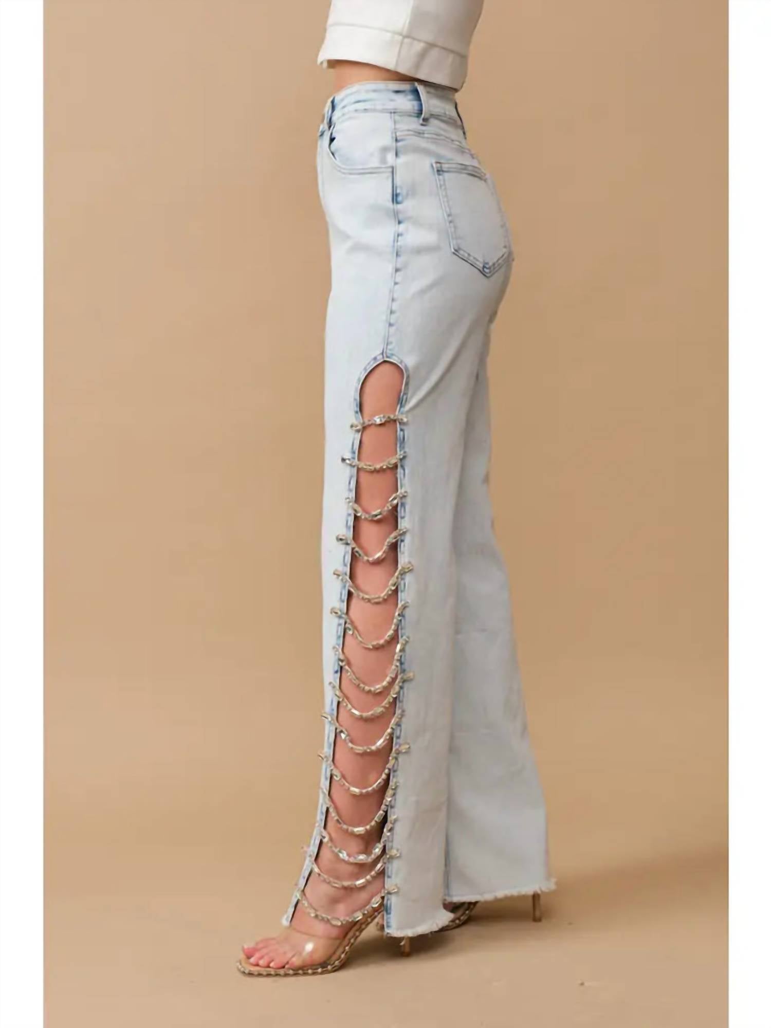 Blue B - Denim Stretch Jeans Cut Out Sides With Jewels