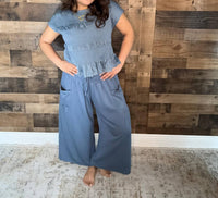 Davi & Dani - Ruched Ruffle Pant & Short Sleeve Top Set
