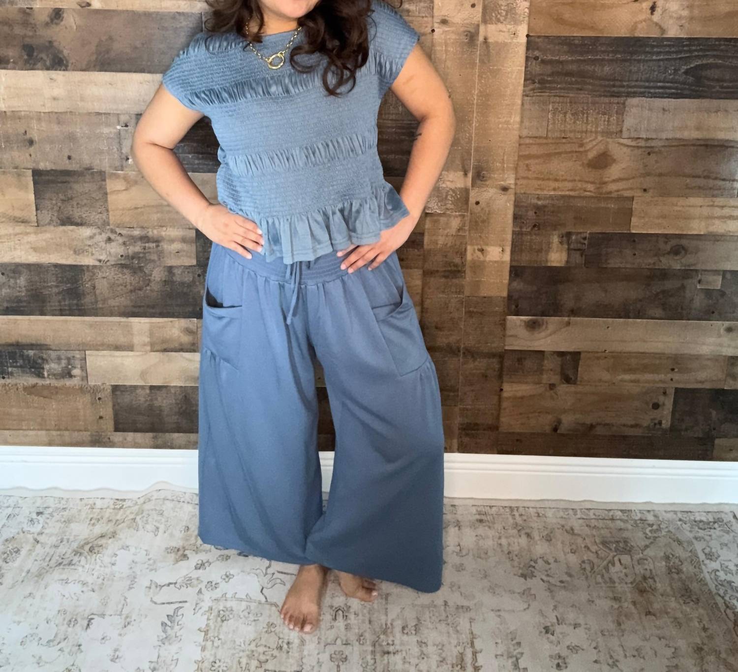 Davi & Dani - Ruched Ruffle Pant & Short Sleeve Top Set