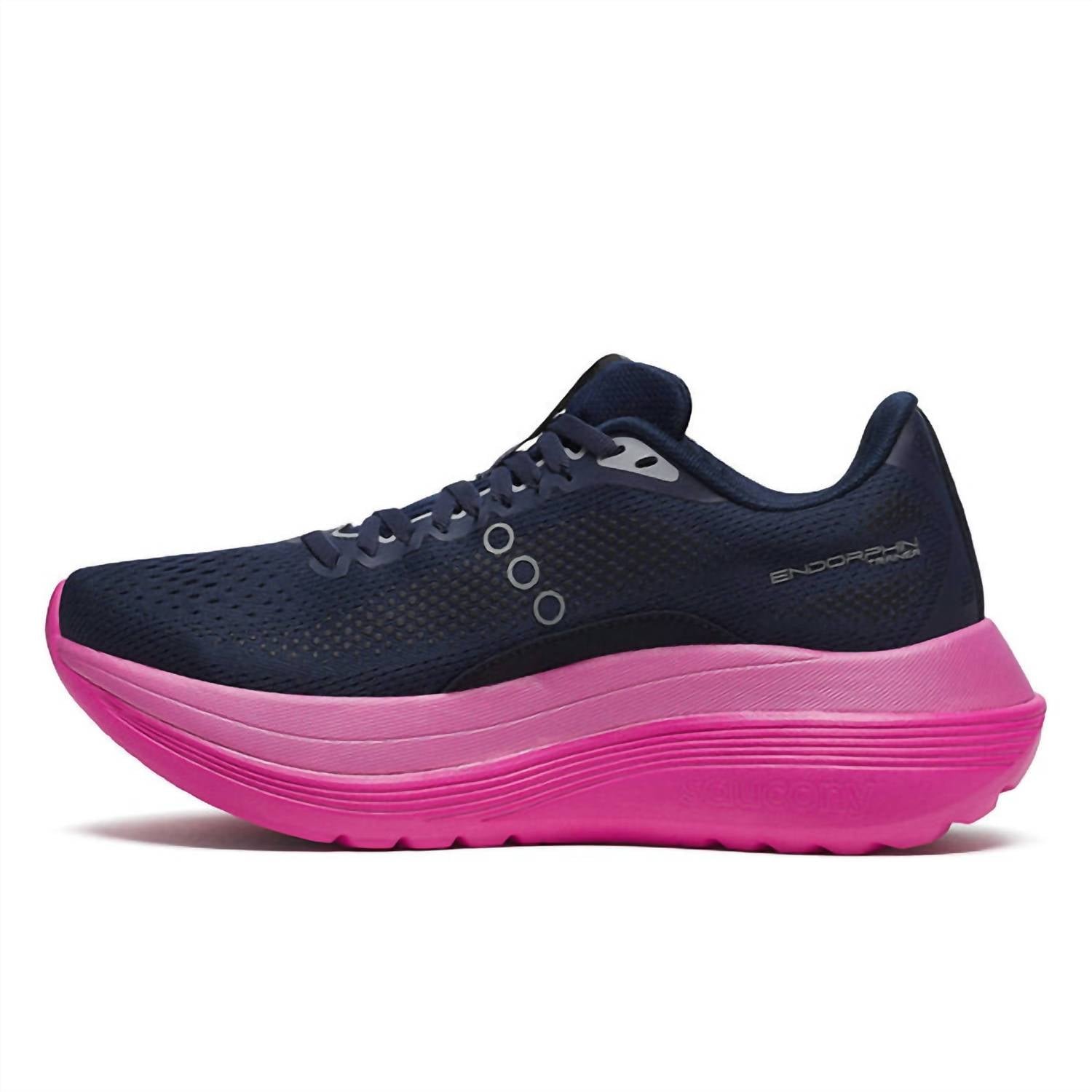 SAUCONY Women's Endorphin Trainer Sneakers in navy fuschia - women's shoe - detail view