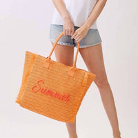 3Am By H&D Accessories - Women's Woven Straw Fringe With Summer Embroidery Tote Bag