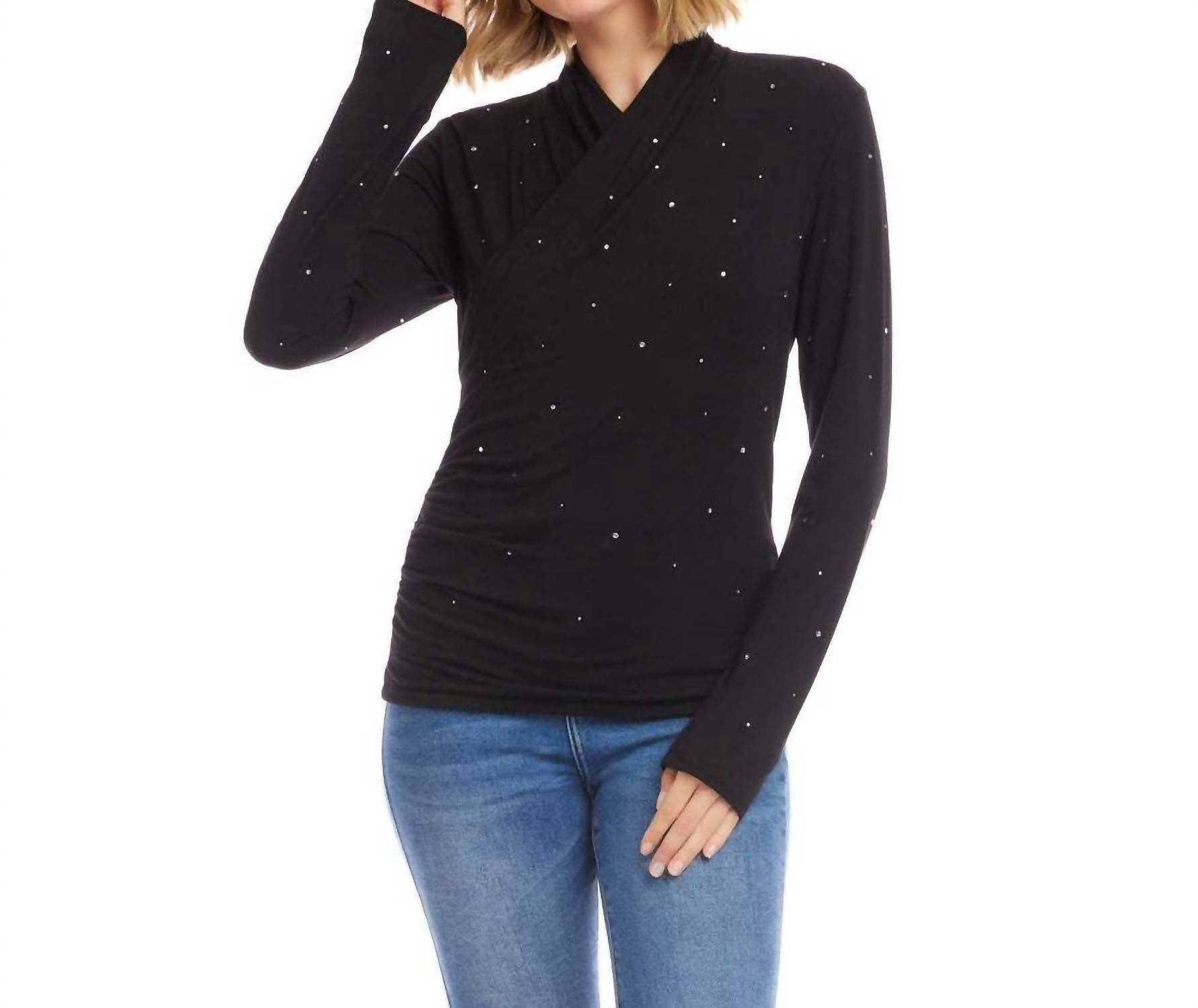 Karen Kane - Lyra Long Sleeve Embellished Drape Front Crossover Top