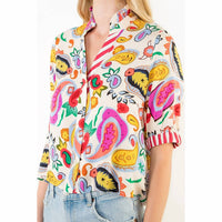 Thml - Printed V-Neck Button Stripe Cuff Top