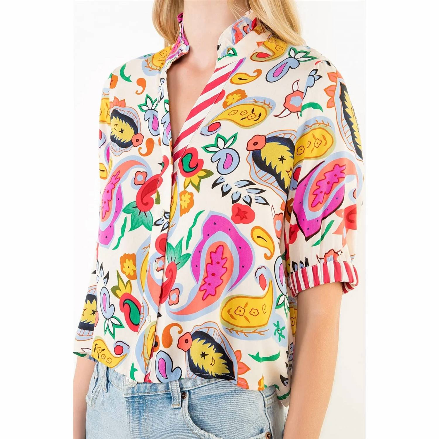 Thml - Printed V-Neck Button Stripe Cuff Top