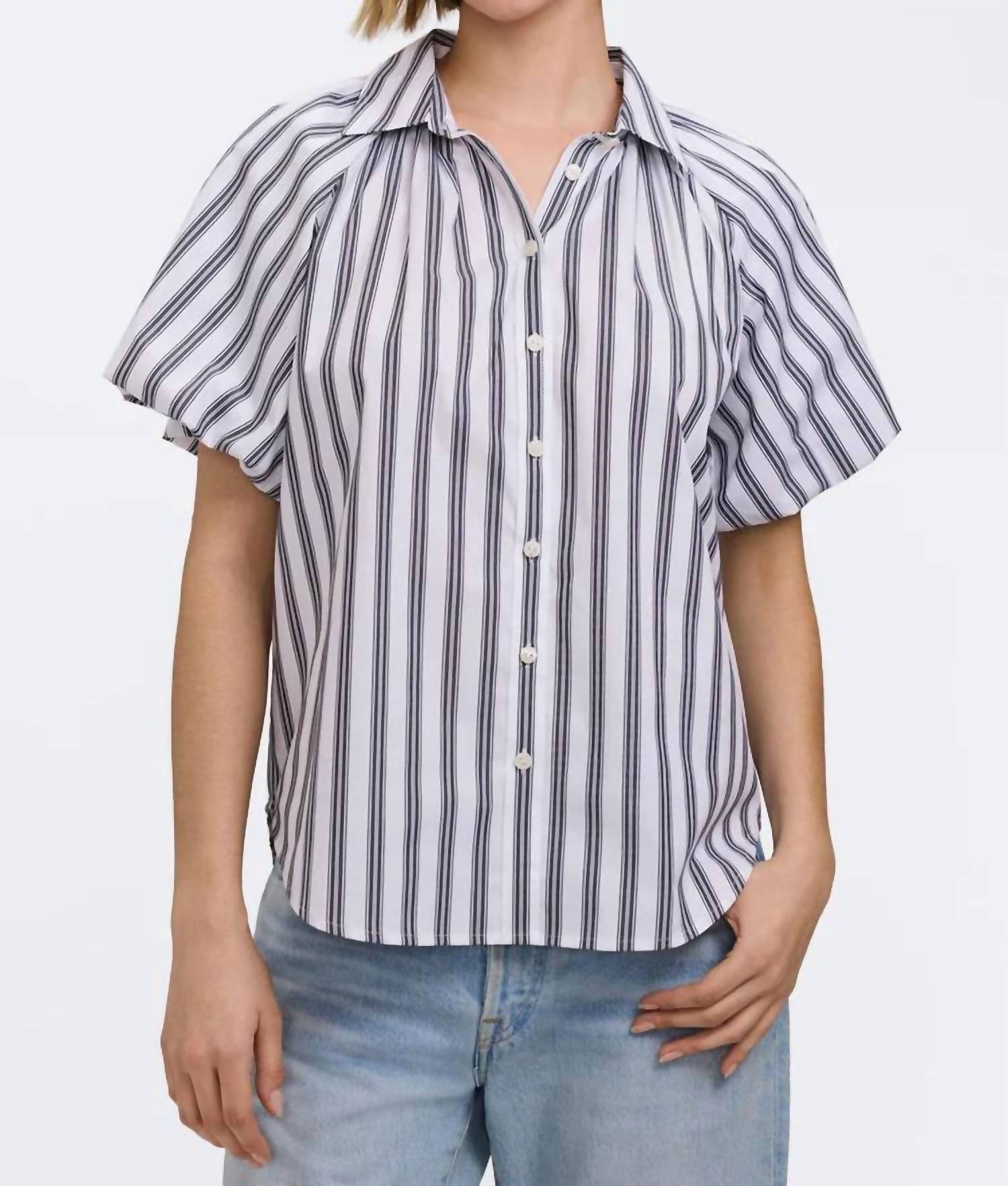 Foxcroft Paula Striped Puff Sleeve Shirt in blue stripes - women's blouse