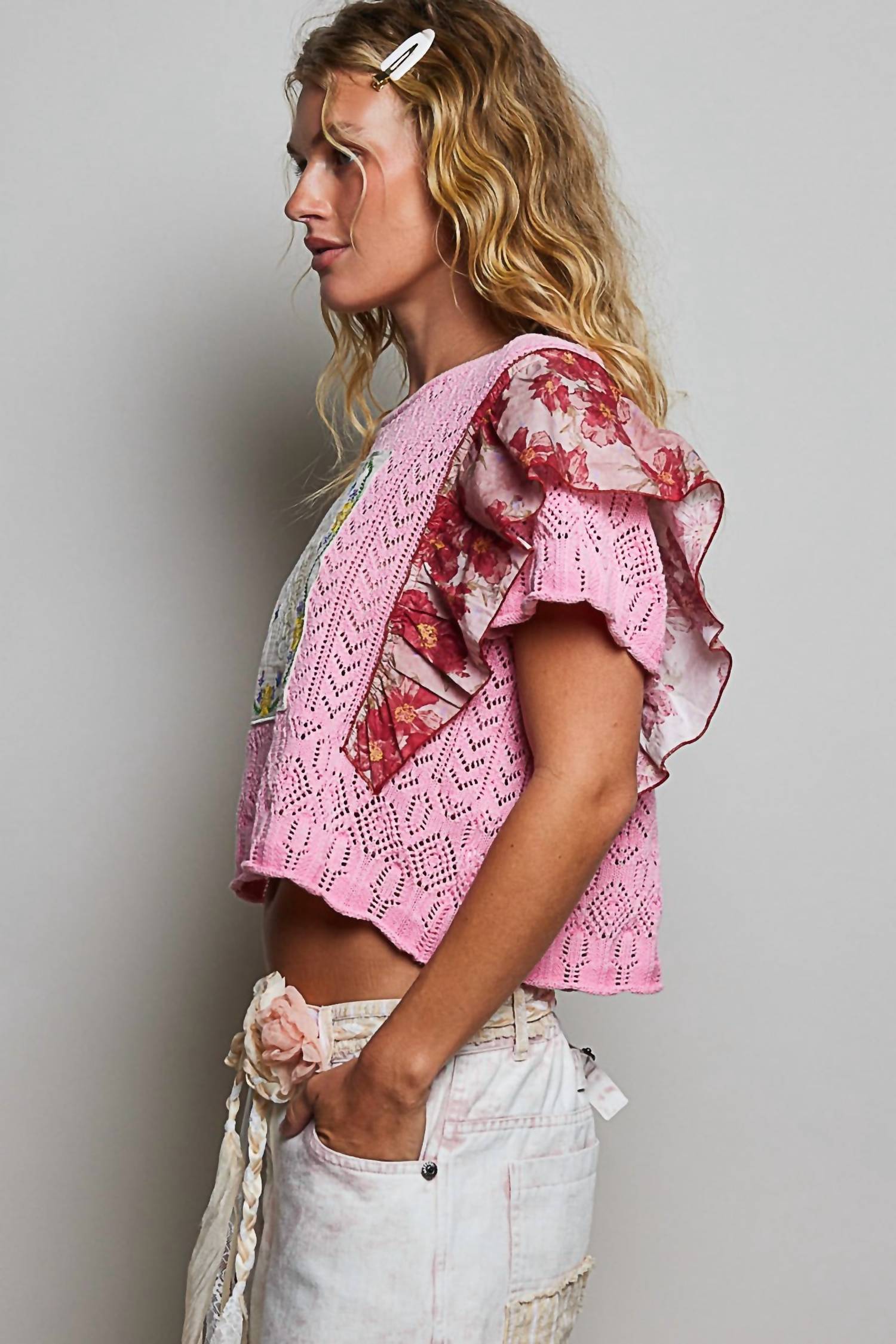 Pol - Jessica Pointelle Knit Swing Patchwork Sweater Top
