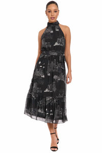 London Times - Elina Printed Toile Halter Ruffle Midi Dress
