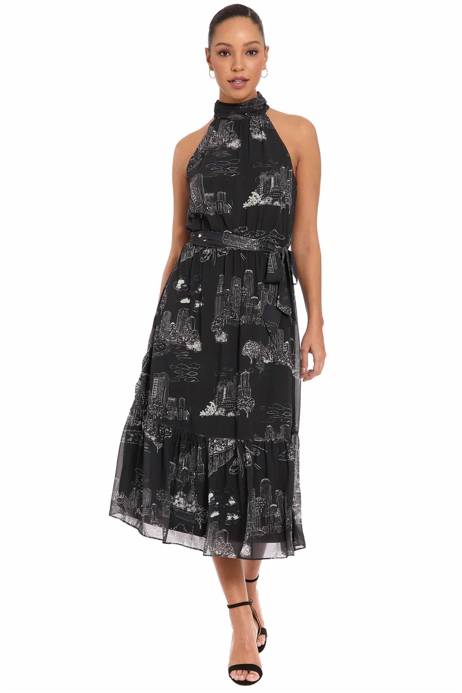 London Times - Elina Printed Toile Halter Ruffle Midi Dress