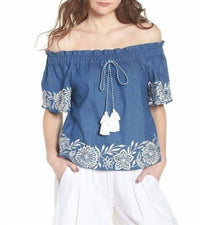 Misa Los Angeles - Nisi Embroidered Off-the-shoulder Denim Top