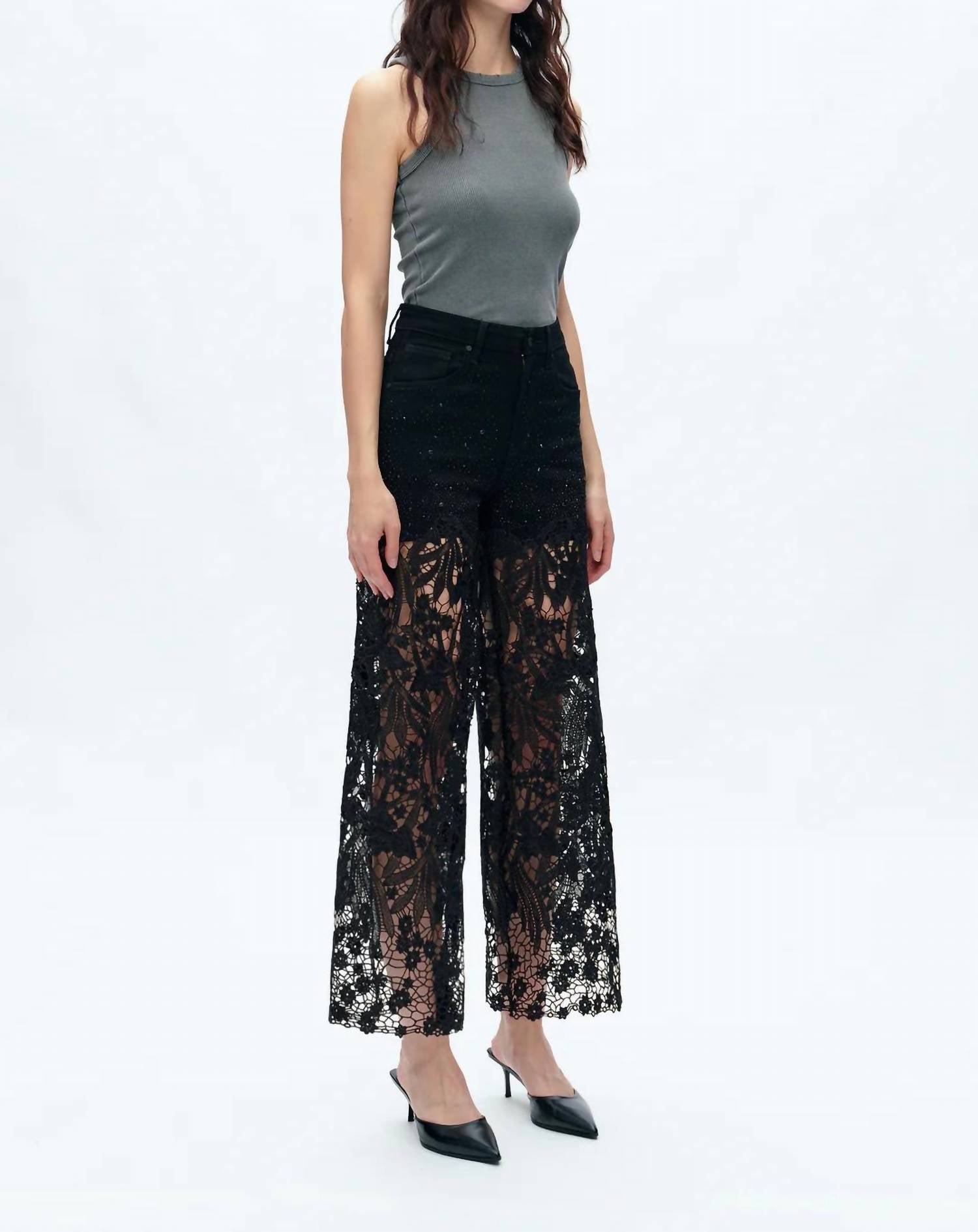 Bayeas Lesley High Rise Lace Wide Leg Jeans With Rhinestones in black - women's pants - alternate view