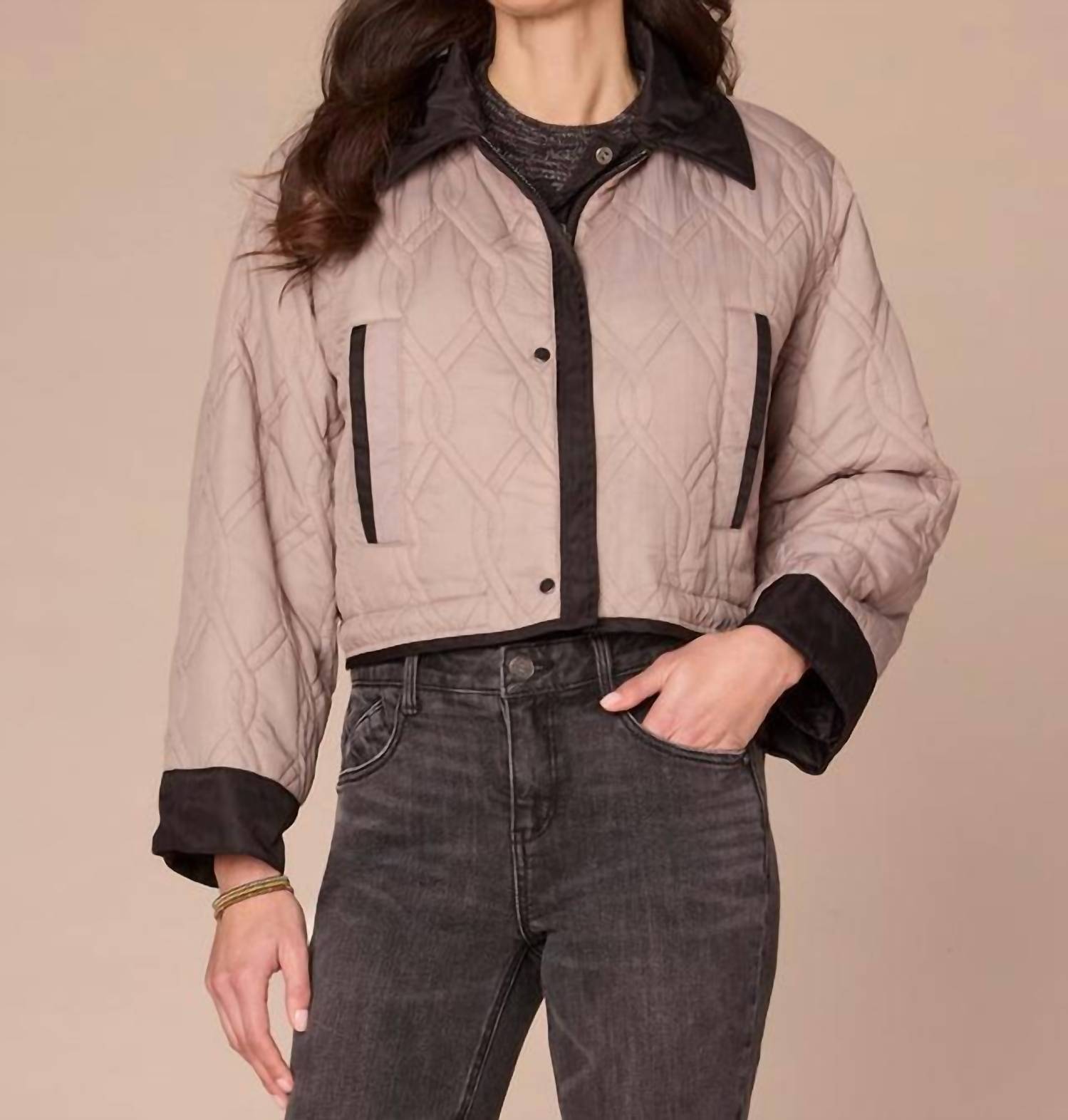 Democracy Cropped Reversible Jacket With Oversized Patch Pockets in black grey - women's jacket - detail view