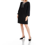 Karen Kane Puff Sleeve Embellished Bow Shift Dress - Petite in black - women's dress - alternate view