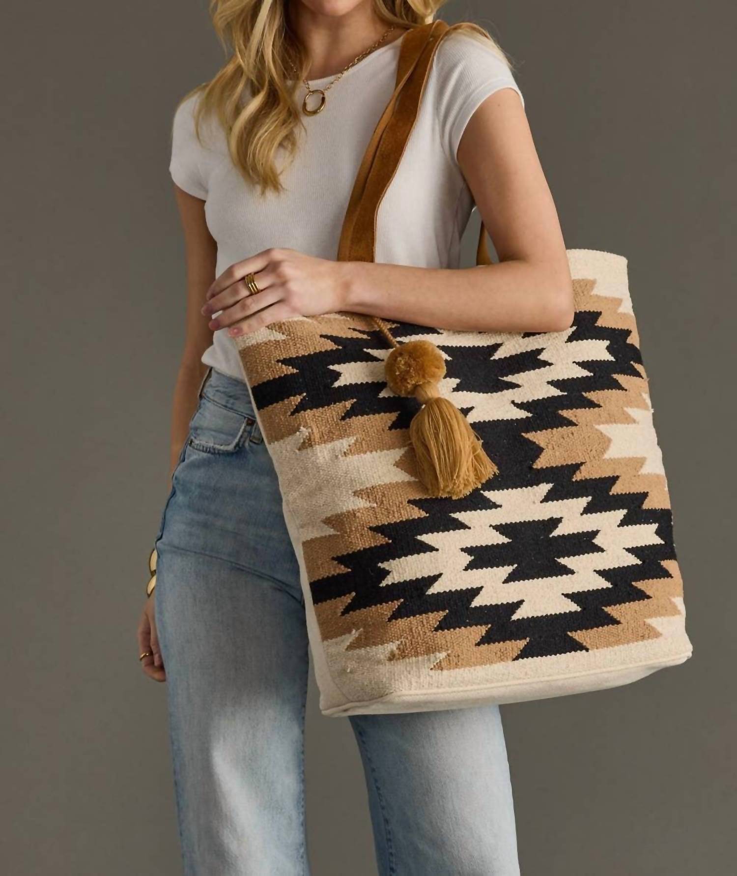 Panache Apparel Women's Aztec Cotton Tote in cream black tan - women's bag - detail view