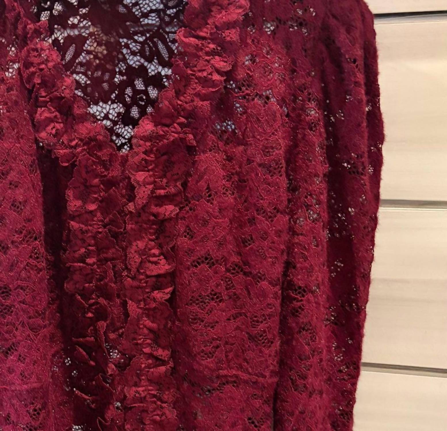 AZI Women's Long Sleeve Lace Blouse in wine - women's blouse - detail view