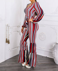 Surelymine - Striped Flare-Leg Jumpsuit with Tie Waist & Long Sleeves
