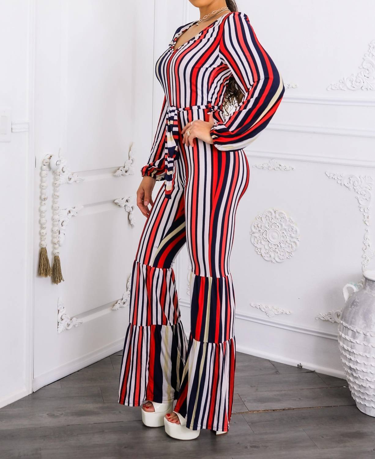 Surelymine - Striped Flare-Leg Jumpsuit with Tie Waist & Long Sleeves