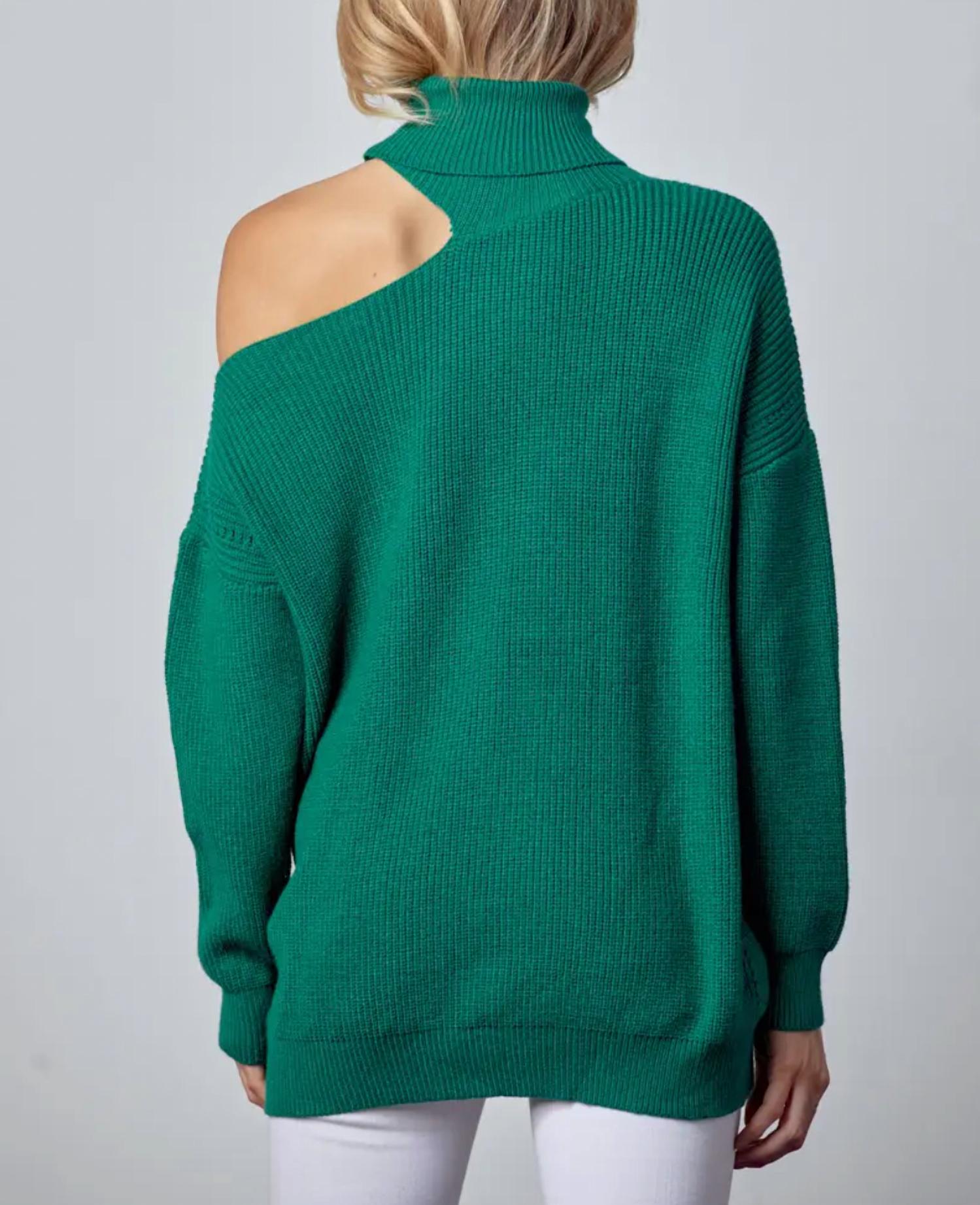 SHOULDER-BARING TURTLENECK SWEATER