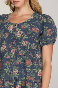 She + Sky - Puff Sleeve Button Down Tiered Print Denim Dress