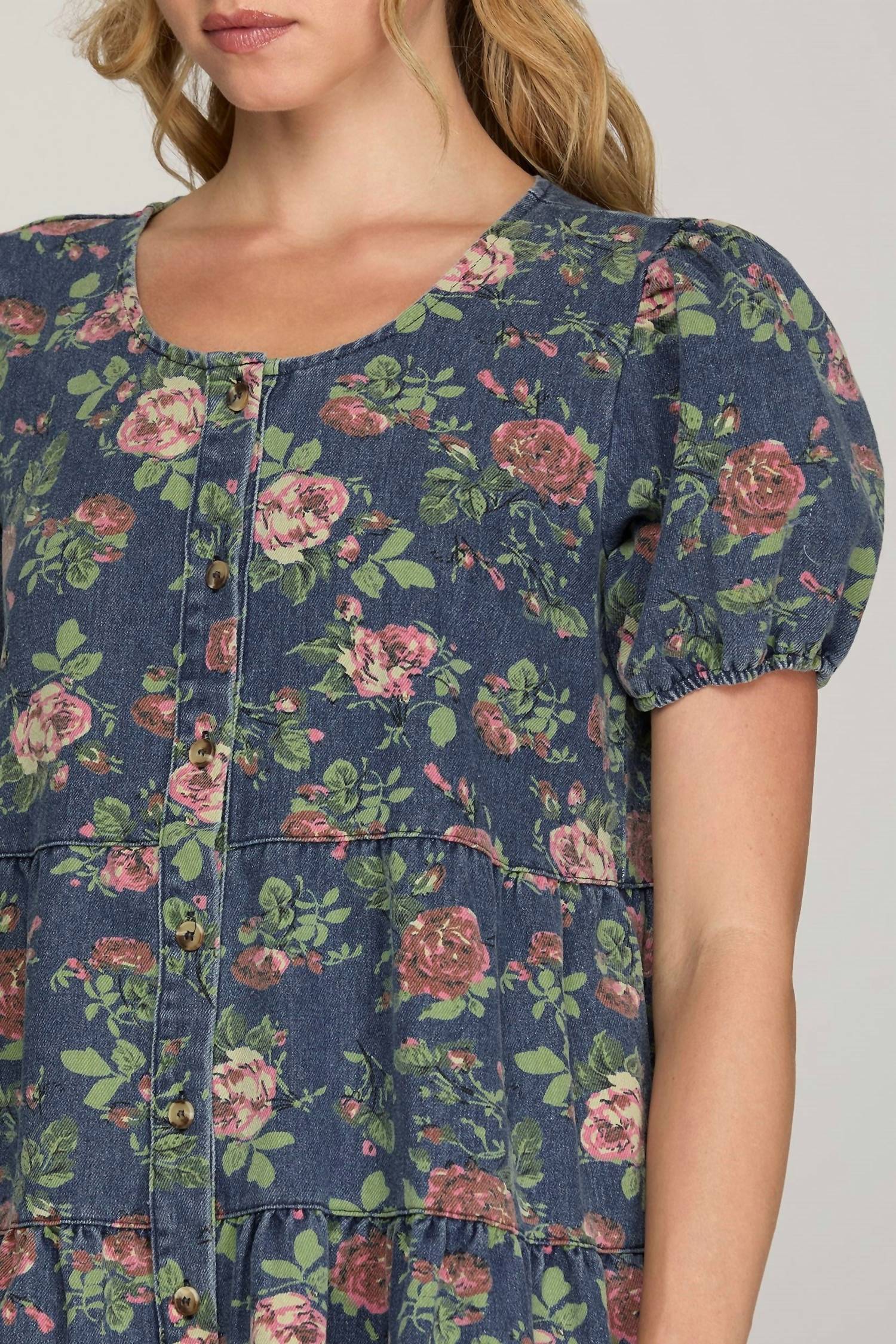 She + Sky - Puff Sleeve Button Down Tiered Print Denim Dress