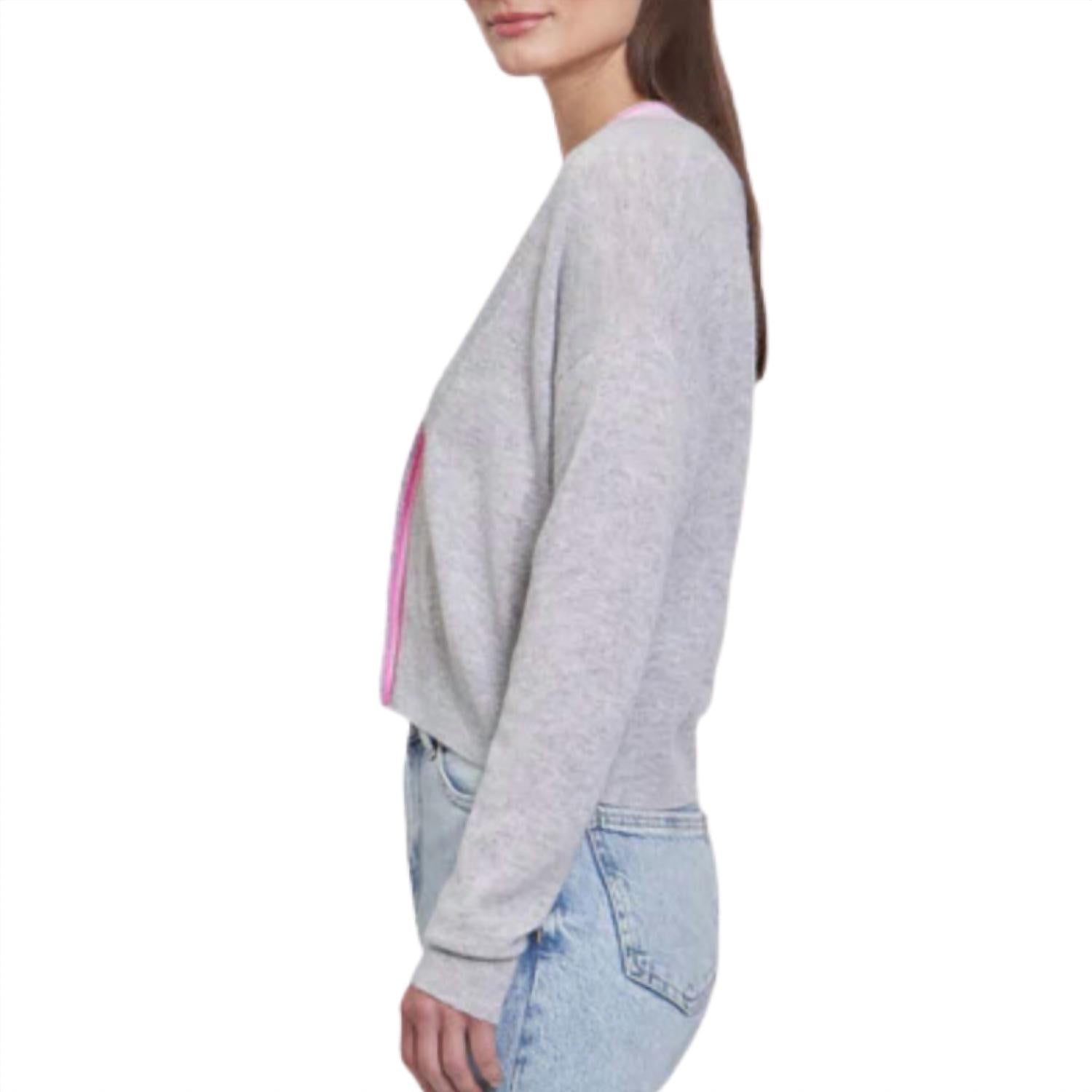 Autumn Cashmere Boxy Cardigan With Crochet Edge Placket in cinderblock combo - women's cardigan - detail view