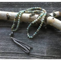 Beautiful Boundaries - Women's Amazonite Leather Tassel Necklace With Crystal Bead