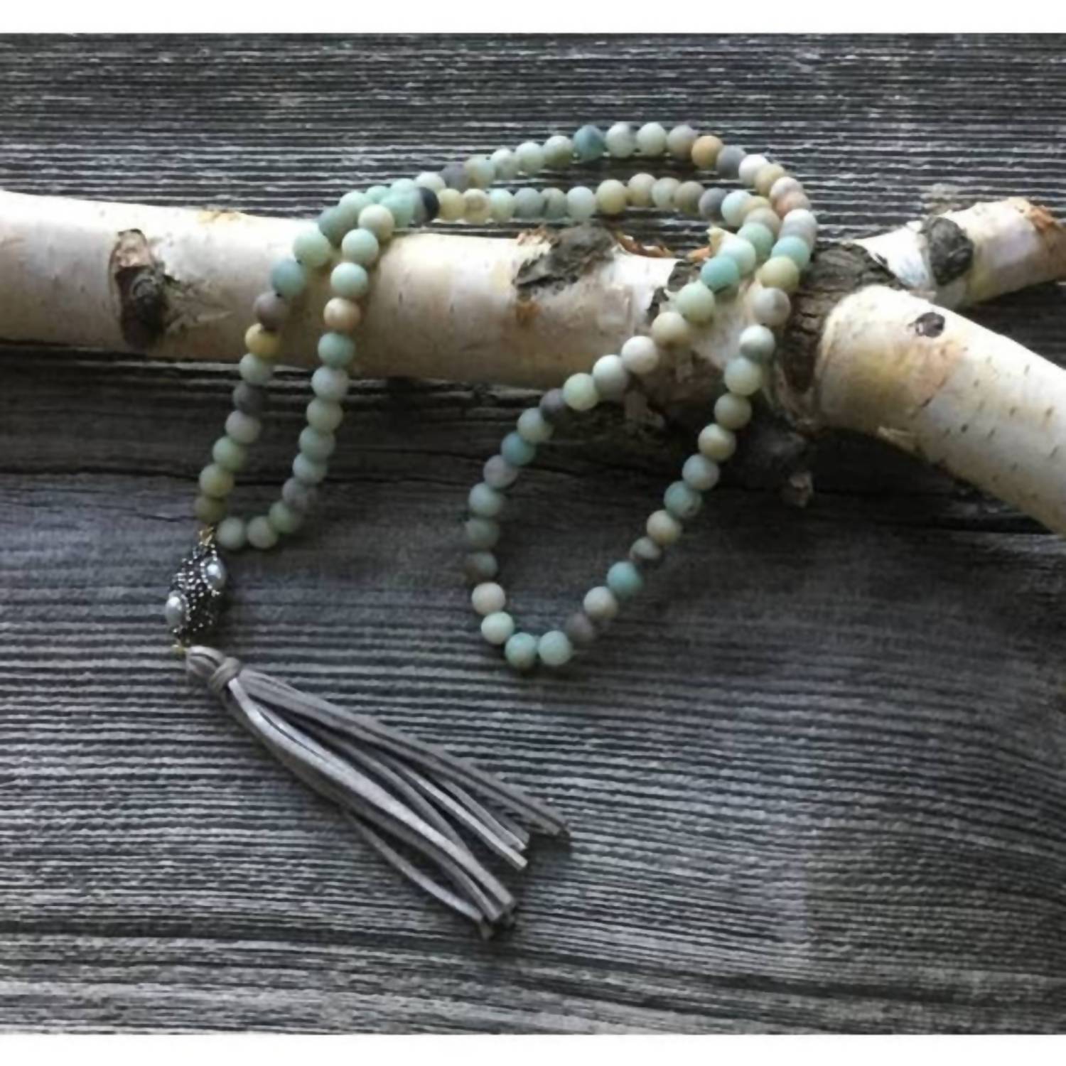 Beautiful Boundaries - Women's Amazonite Leather Tassel Necklace With Crystal Bead