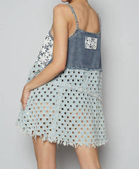 POL Sleeveless Contrast Twill Woven Mini Dress in light denim - women's dress - detail view