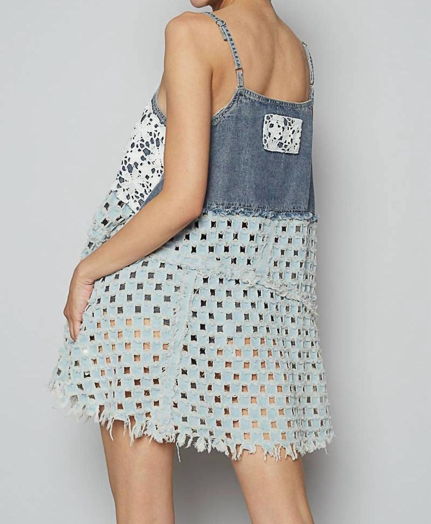 POL Sleeveless Contrast Twill Woven Mini Dress in light denim - women's dress - detail view