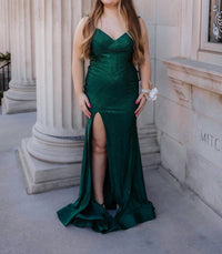 Sherri Hill Hot Fix Prom Dress With Skirt Slit in emerald - women's dress