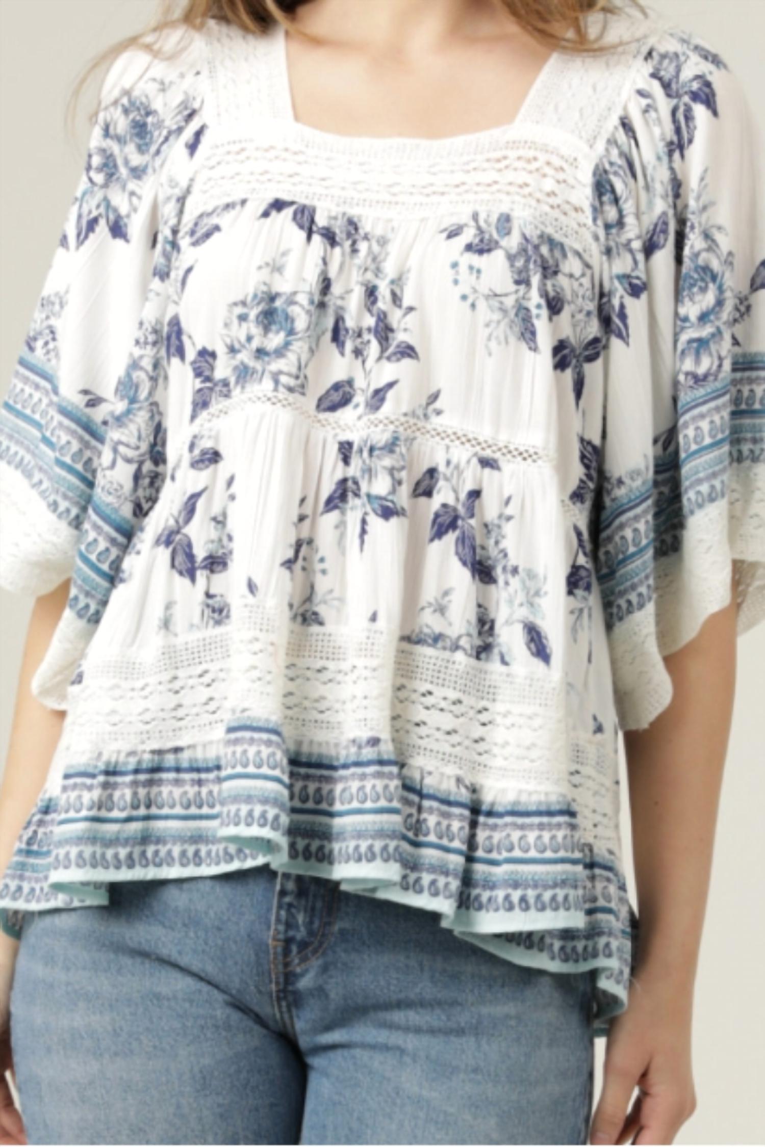 ANGIE Mid-length Sleeve Top in white blue - women's blouse - view 4