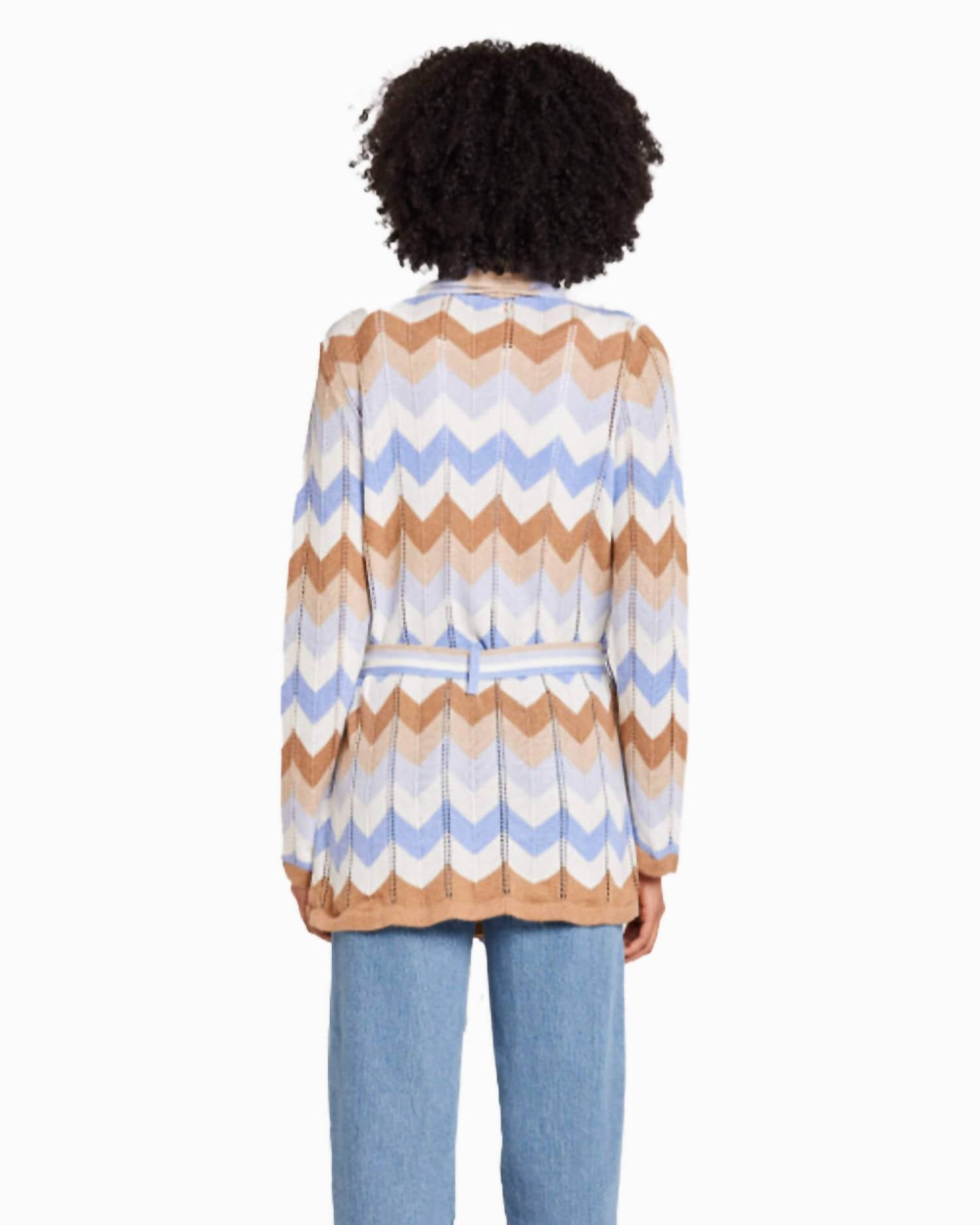 Wispr Chevron Wrap Cardigan in blue - women's cardigan - detail view