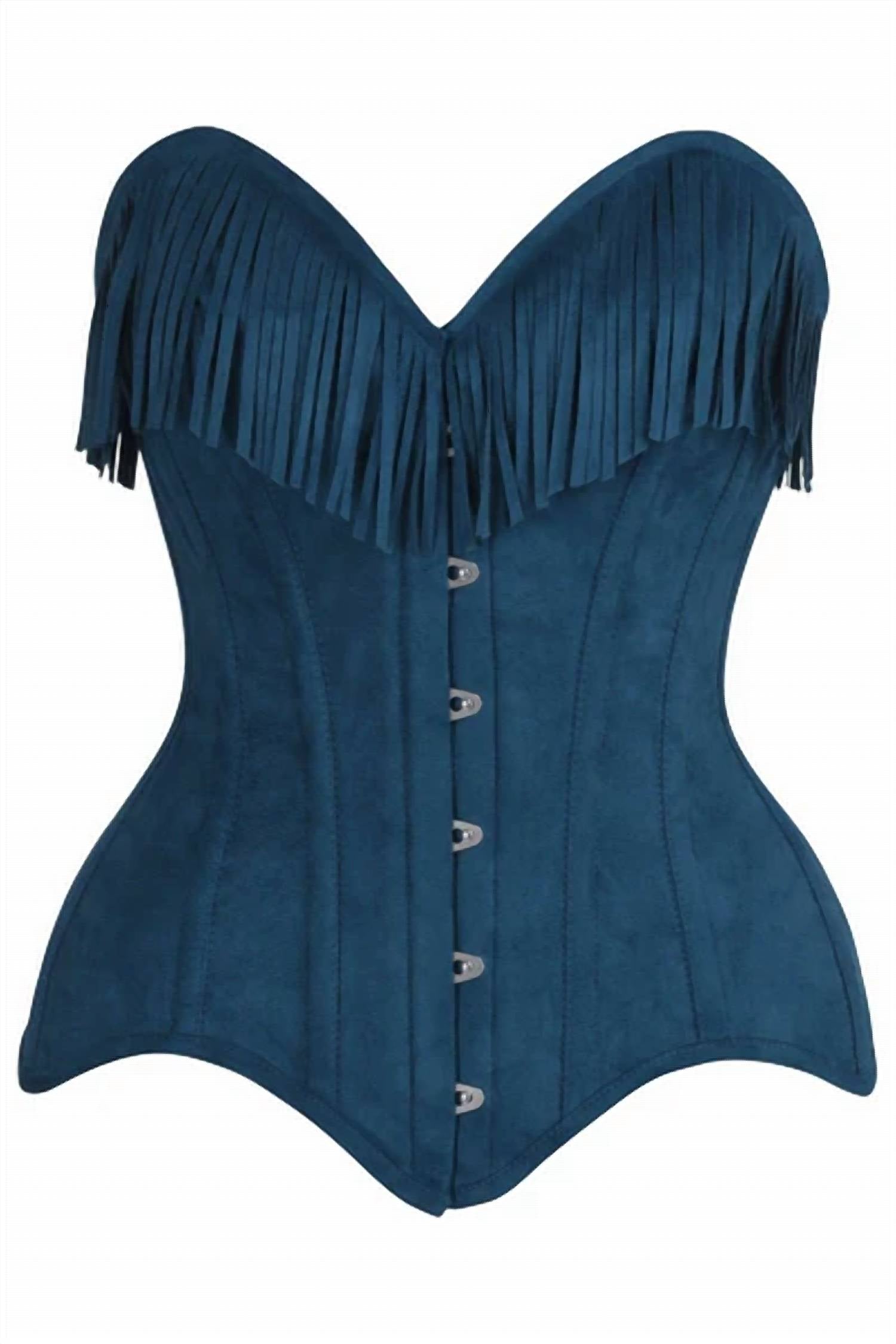 Daisy Corsets Steel Boned Overbust Corset Top With Fringe in blue - women's blouse - detail view