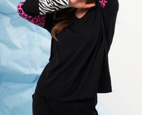 french kyss Animal Print Sleeve V-neck Top in black multi - women's long sleeve top - alternate view