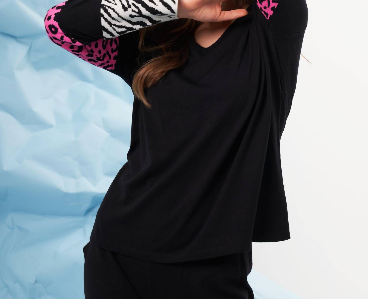 french kyss Animal Print Sleeve V-neck Top in black multi - women's long sleeve top - alternate view