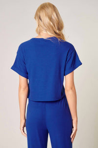 SUGARLIPS Leisure Ribbed Boxy Tee in vivid navy - women's shirt - detail view