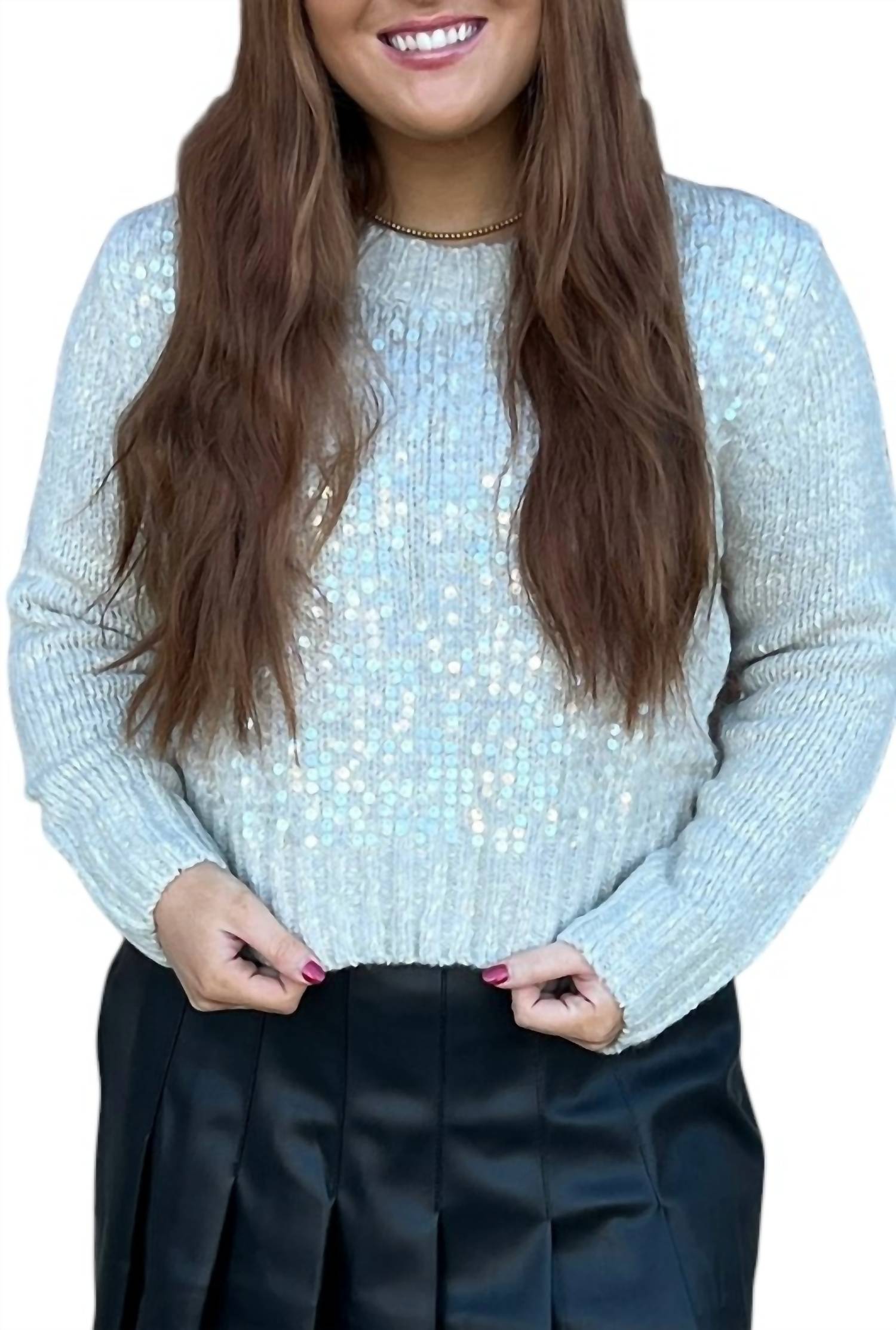 Elle Grey Long Sleeve Sequined Front Sweater in glacier gray - women's sweater - detail view