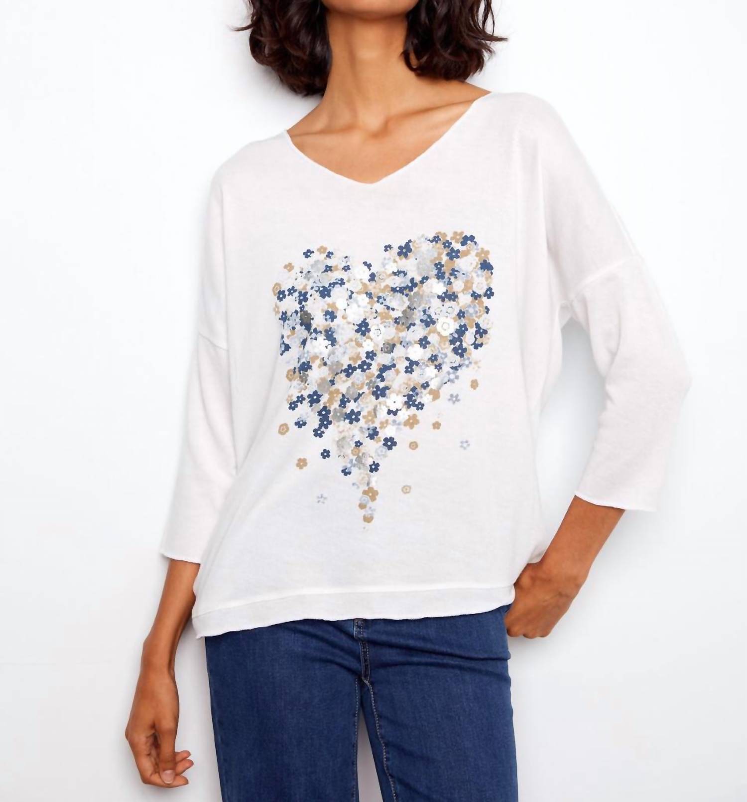 CHARLIE B Jersey V-neck 3/4 Sleeve Printed Top in hearts - women's blouse