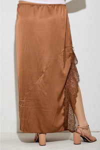 Polagram Mira Asymmetrical Lace Slit Maxi Skirt in chocolate brown - women's skirt - detail view