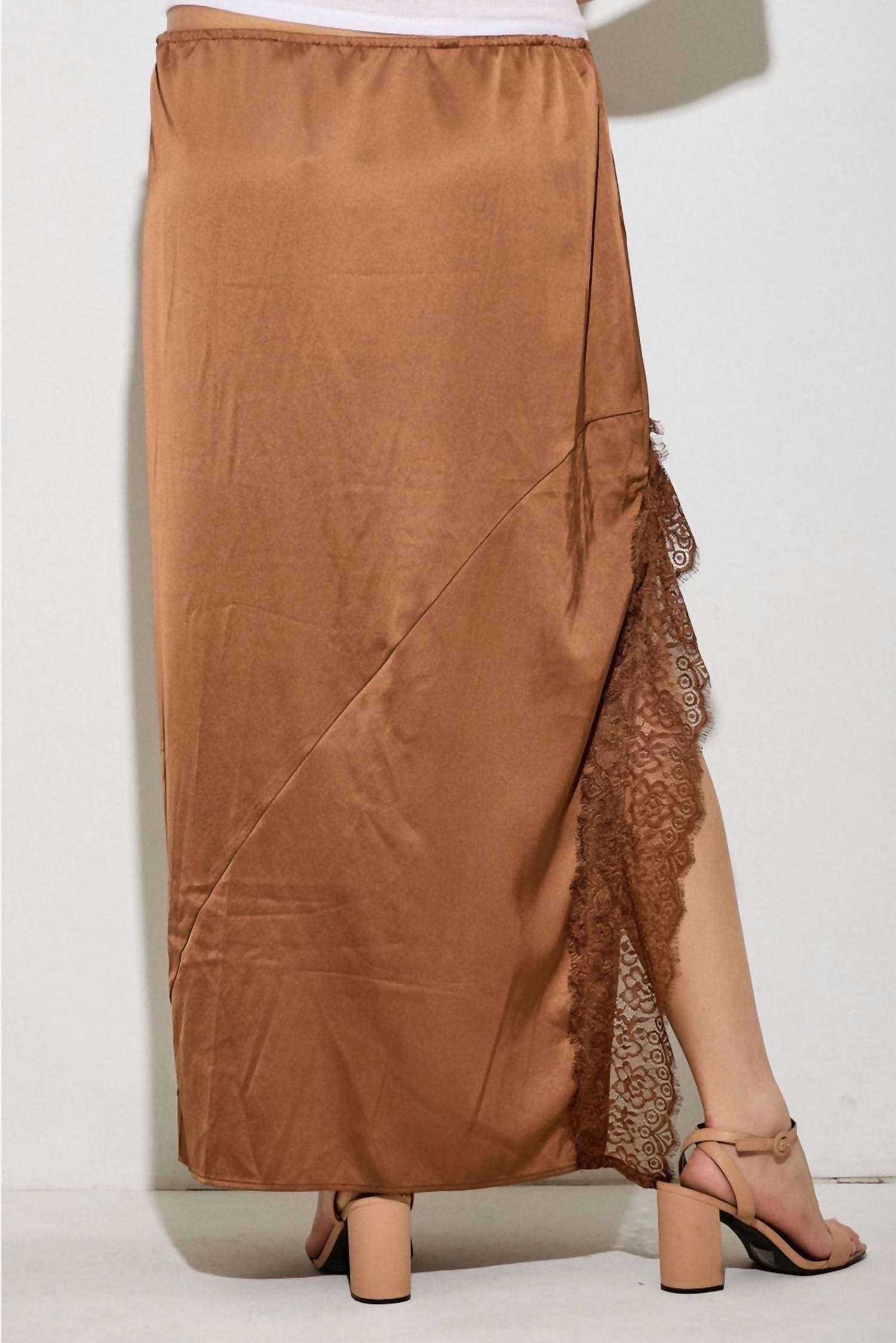 Polagram Mira Asymmetrical Lace Slit Maxi Skirt in chocolate brown - women's skirt - detail view