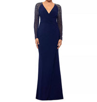 Betsy & Adam Mesh-sleeve V-neck Evening Gown in blue - women's dress