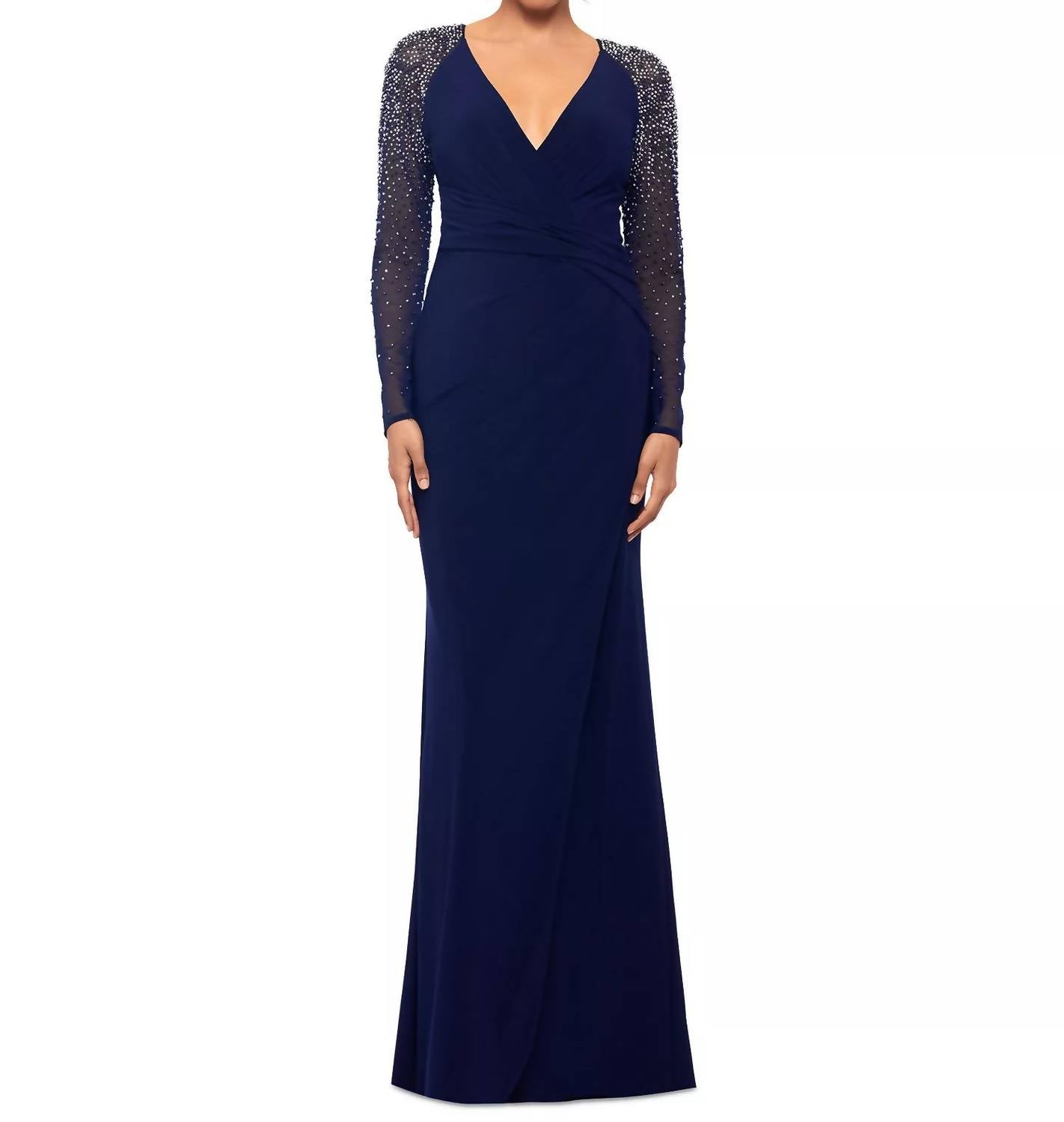 Betsy & Adam Mesh-sleeve V-neck Evening Gown in blue - women's dress