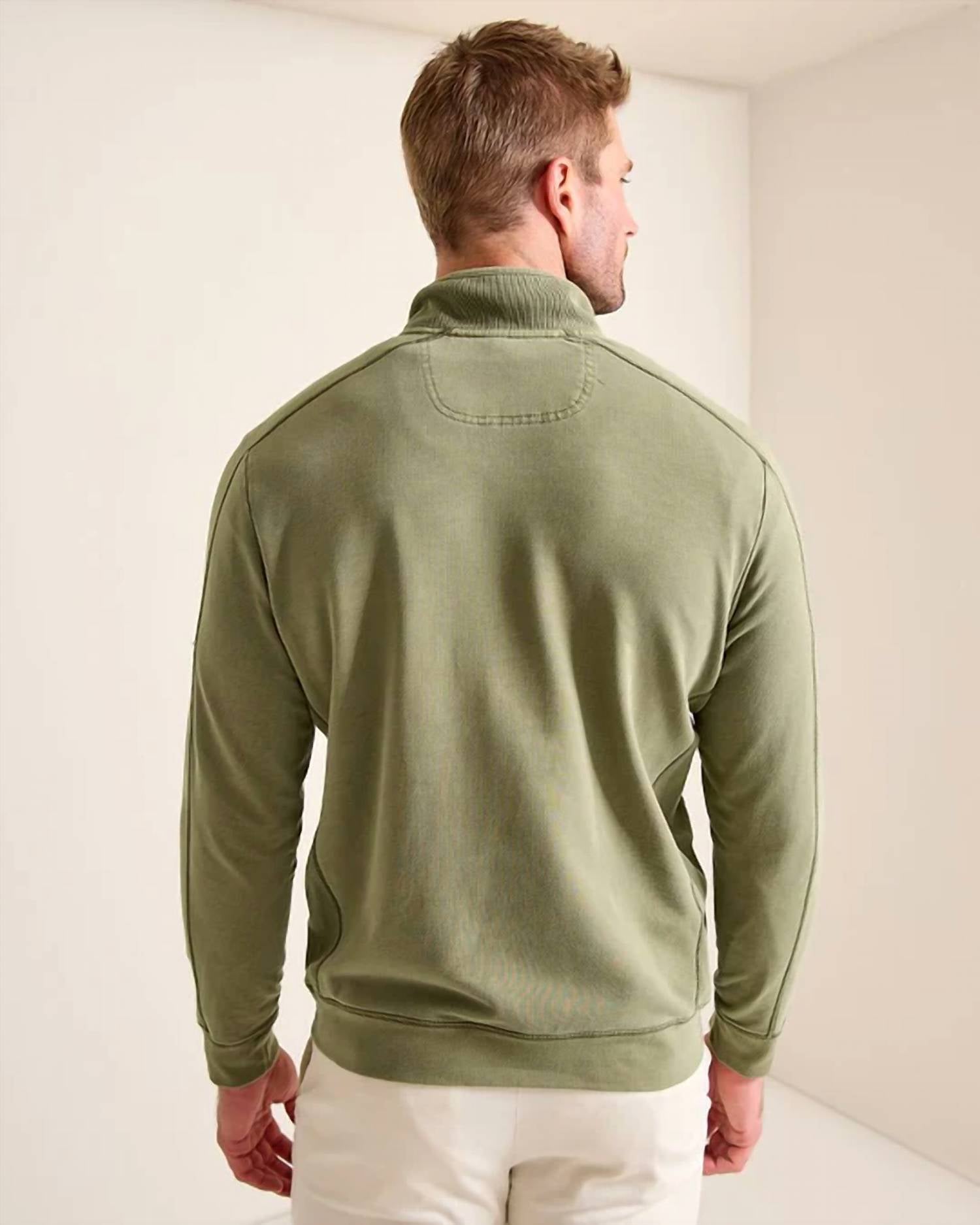 TOMMY BAHAMA Ben And Terry Half Zip Sweatshirt in pistachio - men's shirt - detail view